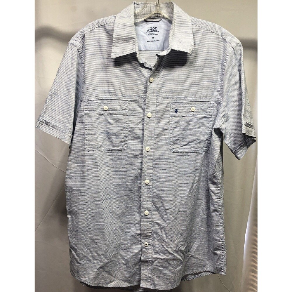 Izod saltwater shirt M blue stripe beach surf Fishing buttonup Short Sleeve